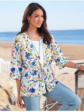 Floral Tie-Front Lightweight Kimono Jacket - Multicolor 2XL